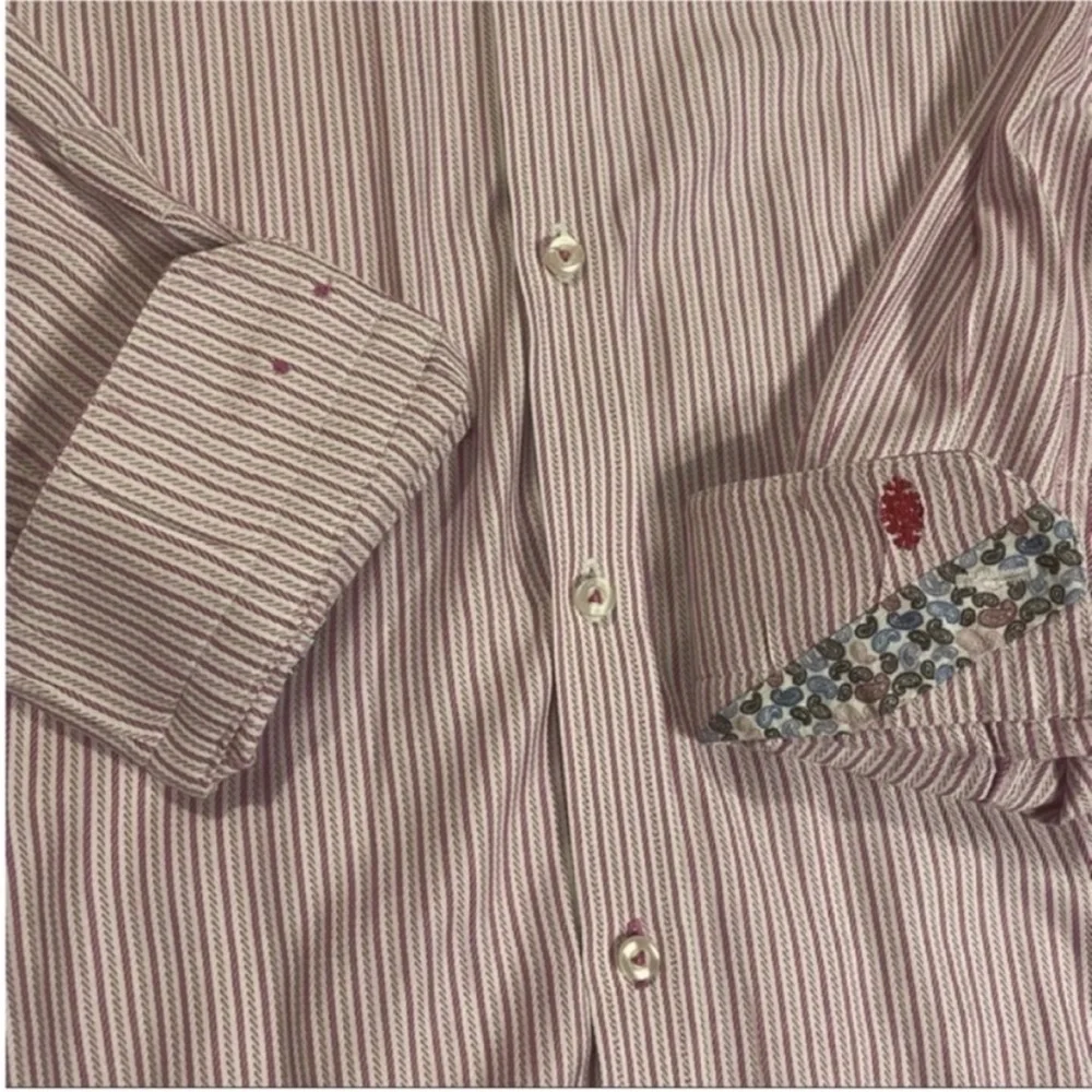 Robert Graham Button Down Pink and‎ White Stripes Paisley Flip Cuff Size 16.5